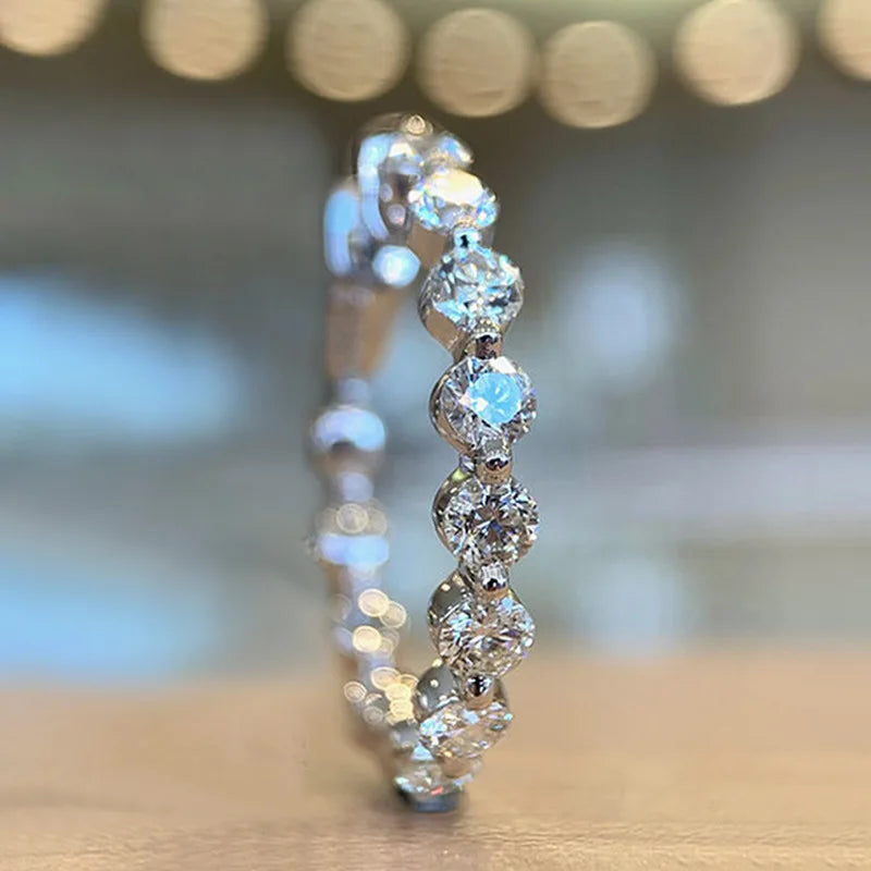 CAOSHI OEM Factory Exquisite Sparkling Round Imitated Diamond Eternity Band Rings for Simple Women Wedding Silver Plated Rings