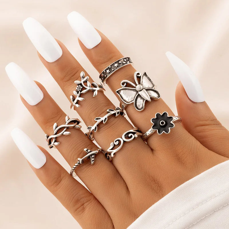 European and American Fashion Geometric Ring for Women Vintage Butterfly Leaves Rings 8pcs/set Bohemian Butterfly Joint Ring Set