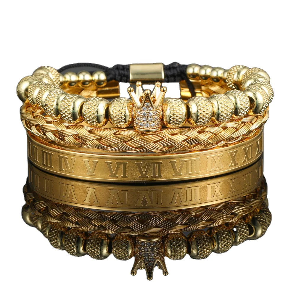 Hot Sale Bling Gold Plated Beaded Steel Bracelet Luxurious Crown Braided 3 Tier Set Bracelet Jewelry