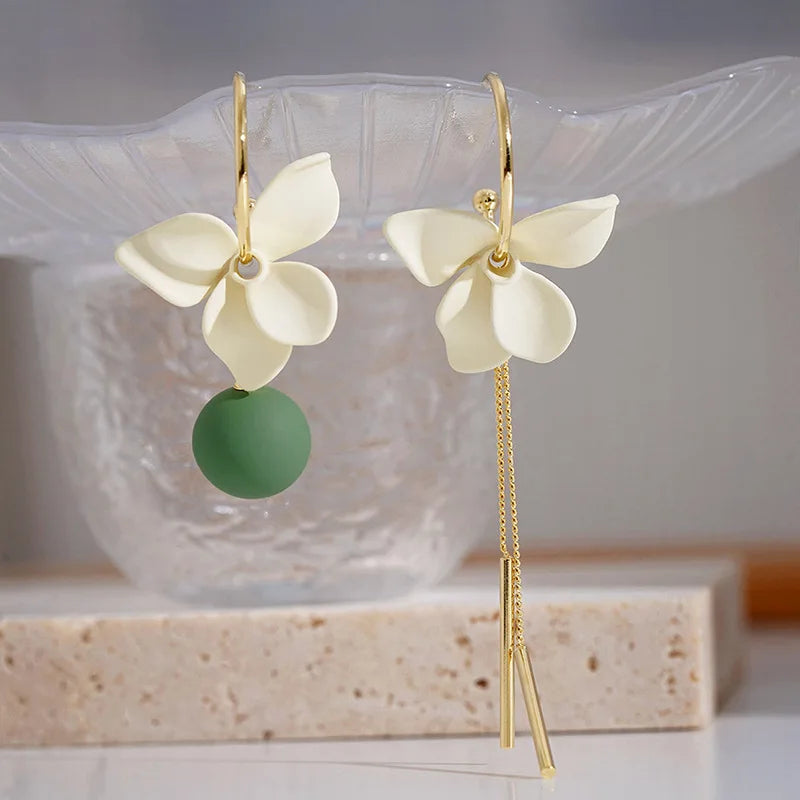12 Styles Elegant French White Flower Asymmetric Earrings Girls Gentle Temperament Chain Tassel Earrings Fashion Jewelry Gift