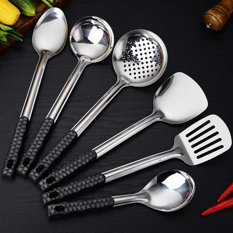 Modern 6-Piece Stainless Steel Kitchen Utensil Set with Carbon Fiber Pattern Non-slip Handle Wholesale Cooking Tools