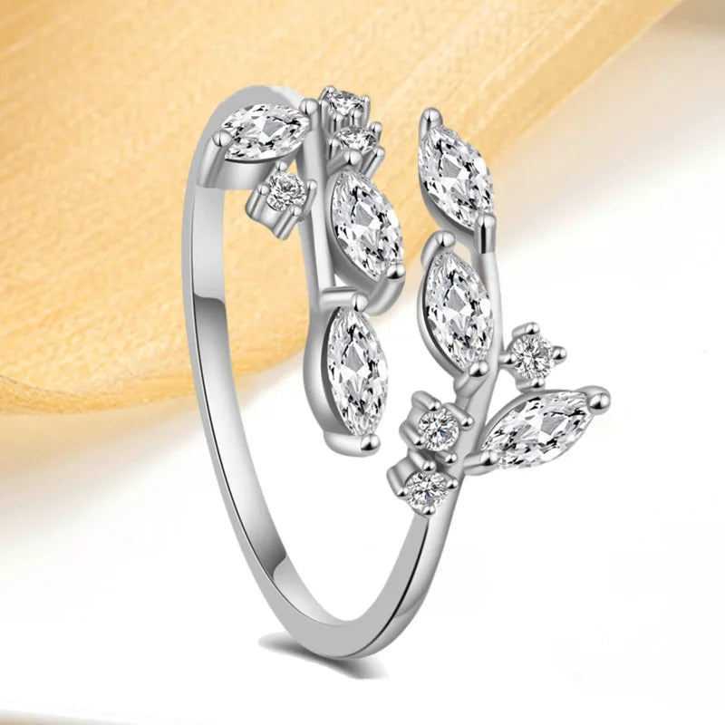 Simple Student Adjustable Open Rings Silver Plated Cubic Zircon Leaf Rings for Women Girls