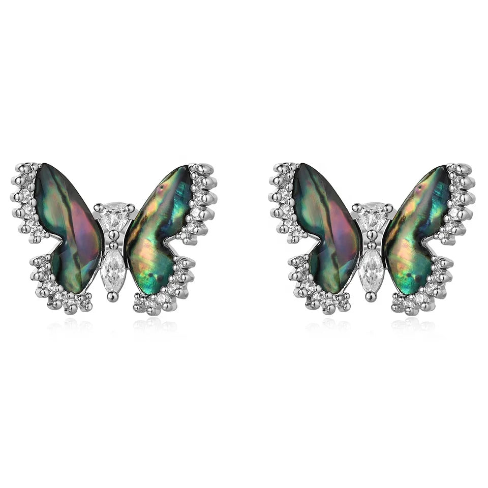 High-End Original Design Aurora Dazzling Deep Sea Abalone Shell Bright Zircon Butterfly Stud Earrings Brass Unisex
