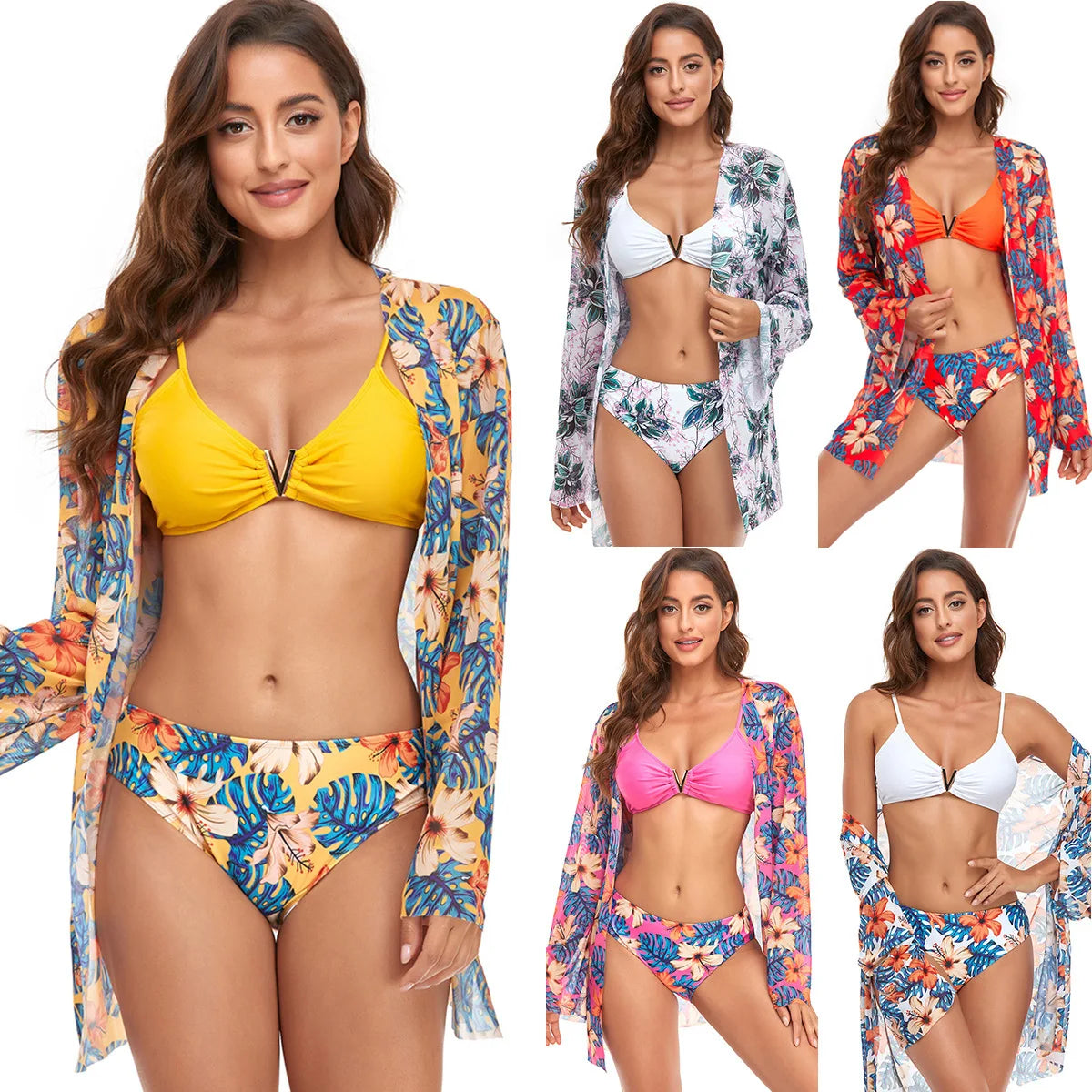 New Trending Mesh Three Piece Swimsuit Women High Waist Print Push up Bikini Set