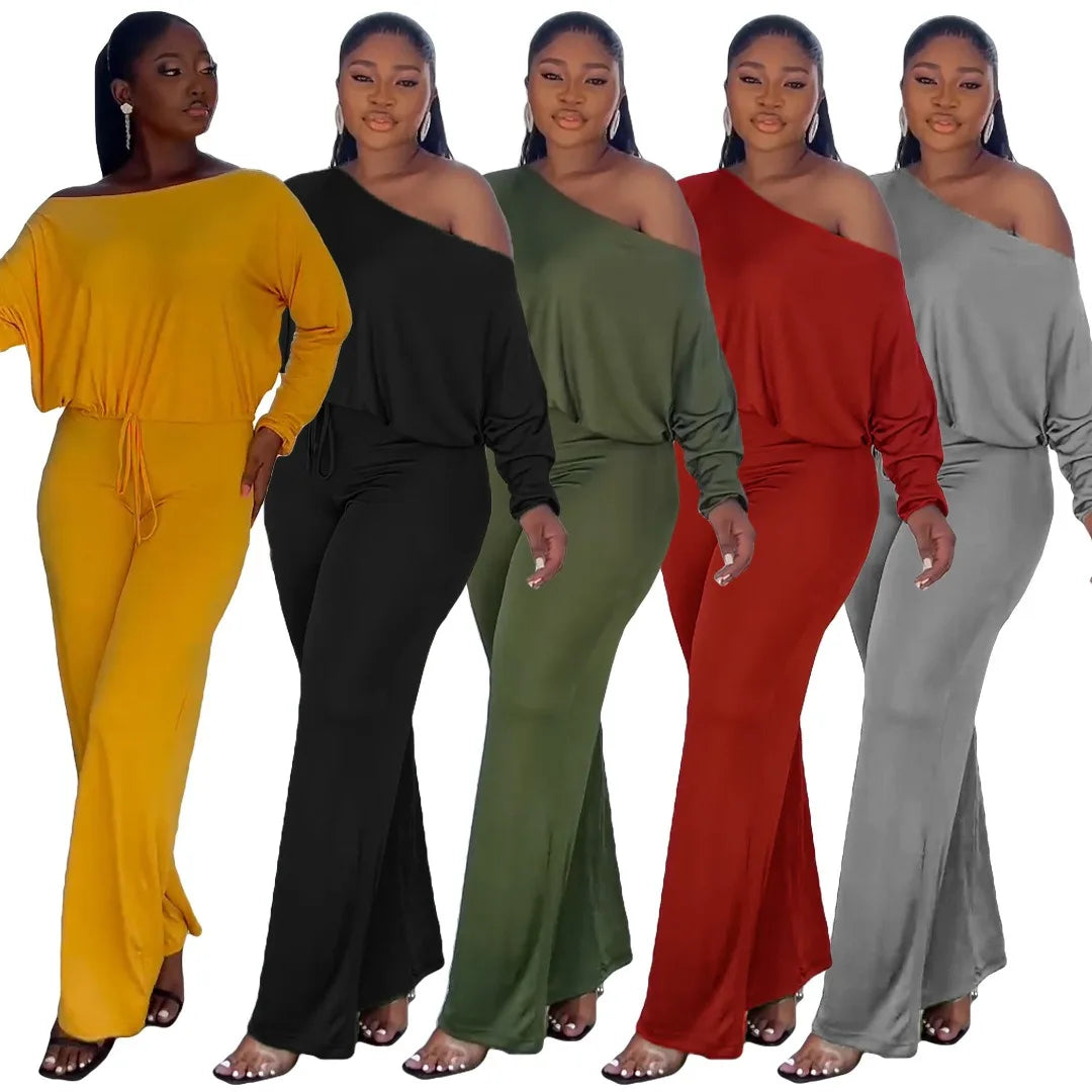 Truen Women's Casual Solid Color Two-Piece Set Slanted Shoulder Wide Neckline Top Flared Pants Short Knitting Casual Tracksuits