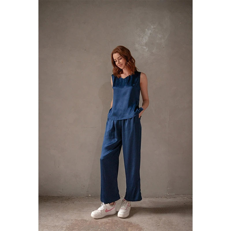 Soft Women's 2-Piece Satin Loungewear Set Sleeveless Tank Top and Long Pants Pajamas