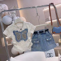 Summer New Children's Clothing Personalized Bow Embroidered Top Denim Skirt Children Clothing Suit