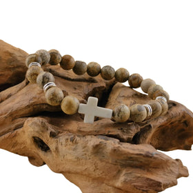 Picture Jasper Fine Natural Gemstone Infinity Stretch Cross Bracelet for Women Men Protection Classic Healing Energy Jewelry