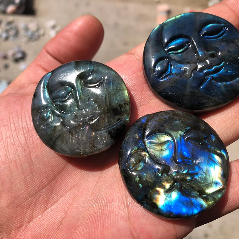 Wholesale Natural Crystal Hand Carved Labradorite Sun Moon Face Crystals Healing Stones Crafts for Decoration