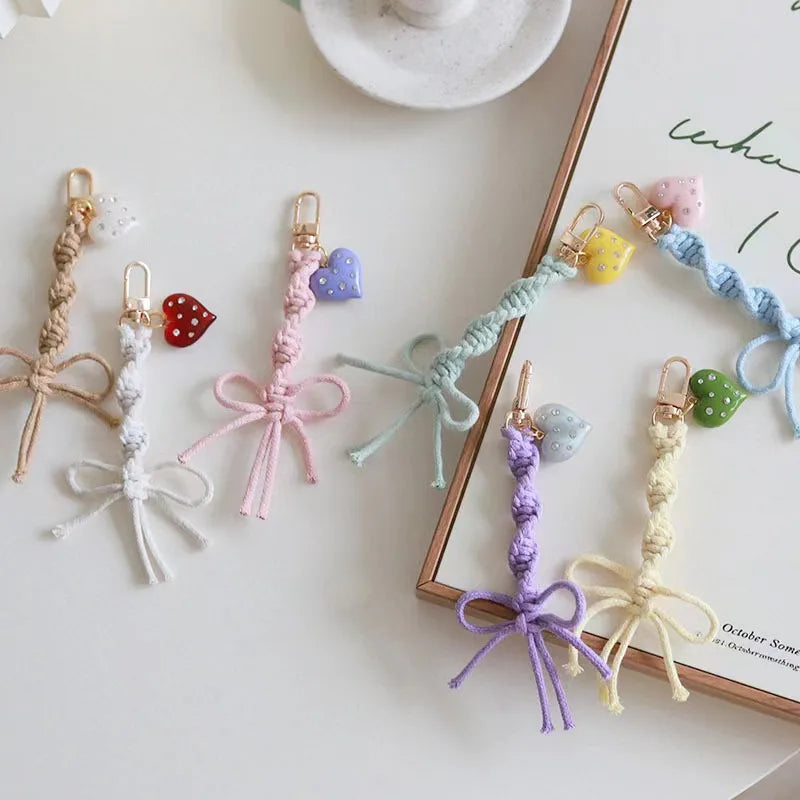 Cream Color Woven Bow Key Chain love Rhinestone Contrast Color Bag Buckle Pendant Spring and Summer Sweet Pendant