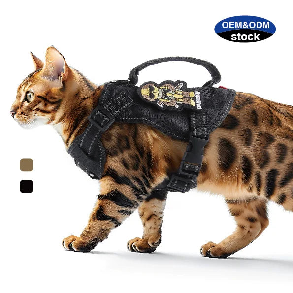 2025 New Arrivals Black Adjustable Reflective Cat Harness Pet Soft Lightweight Breathable Mesh Tactical Cat Harness with Patch