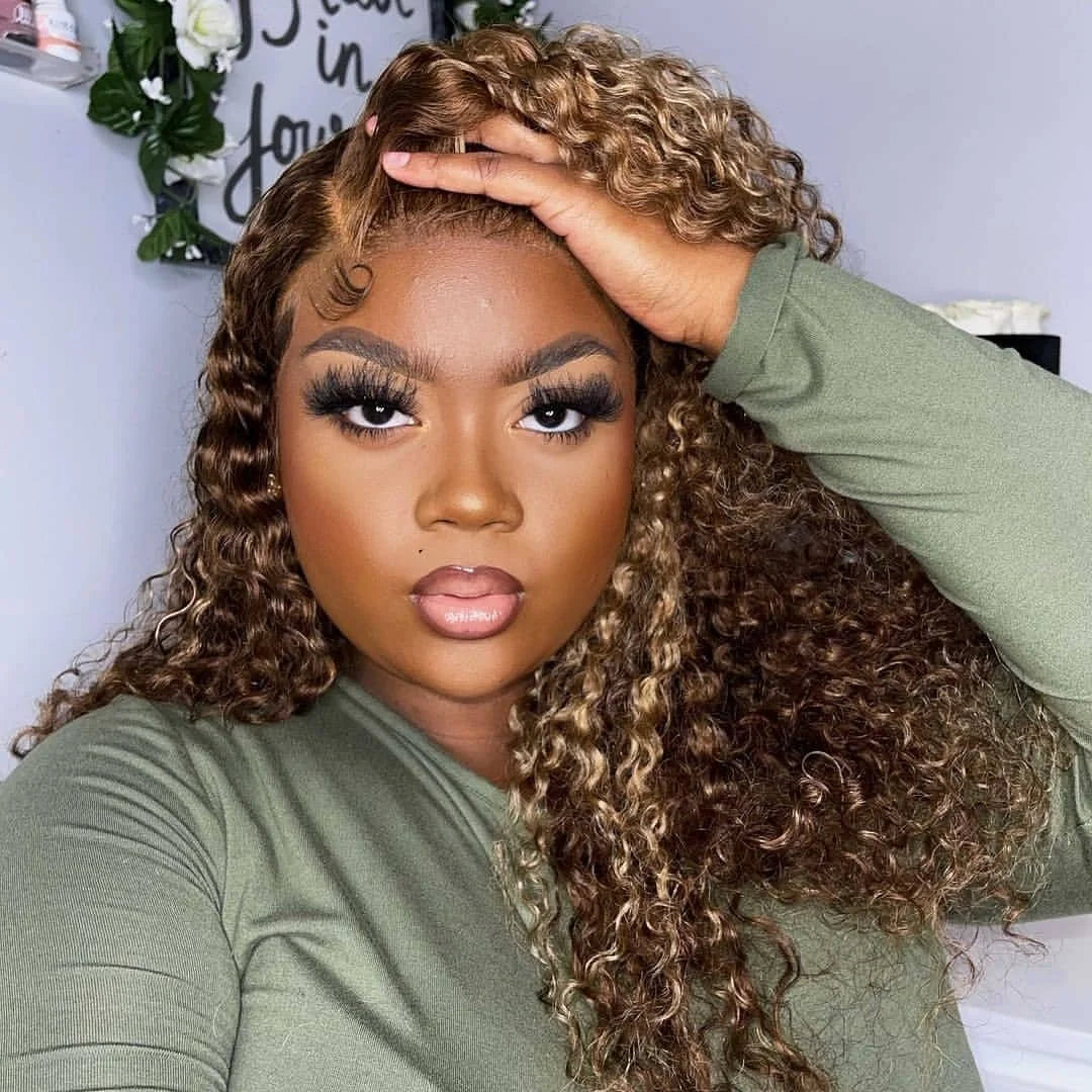 Wholesale Glueless Highlight Curly Wig 100% Brazilian Human Hair Wig Honey Blonde 26inch Water Wave Hair Wigs for Black Woman