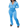 Wholesale Fashion Ladies Velvet Tracksuit 2 Piece Long Sleeve Hooded and Flared Pants Tracksuit Velour Women Two Piece Set