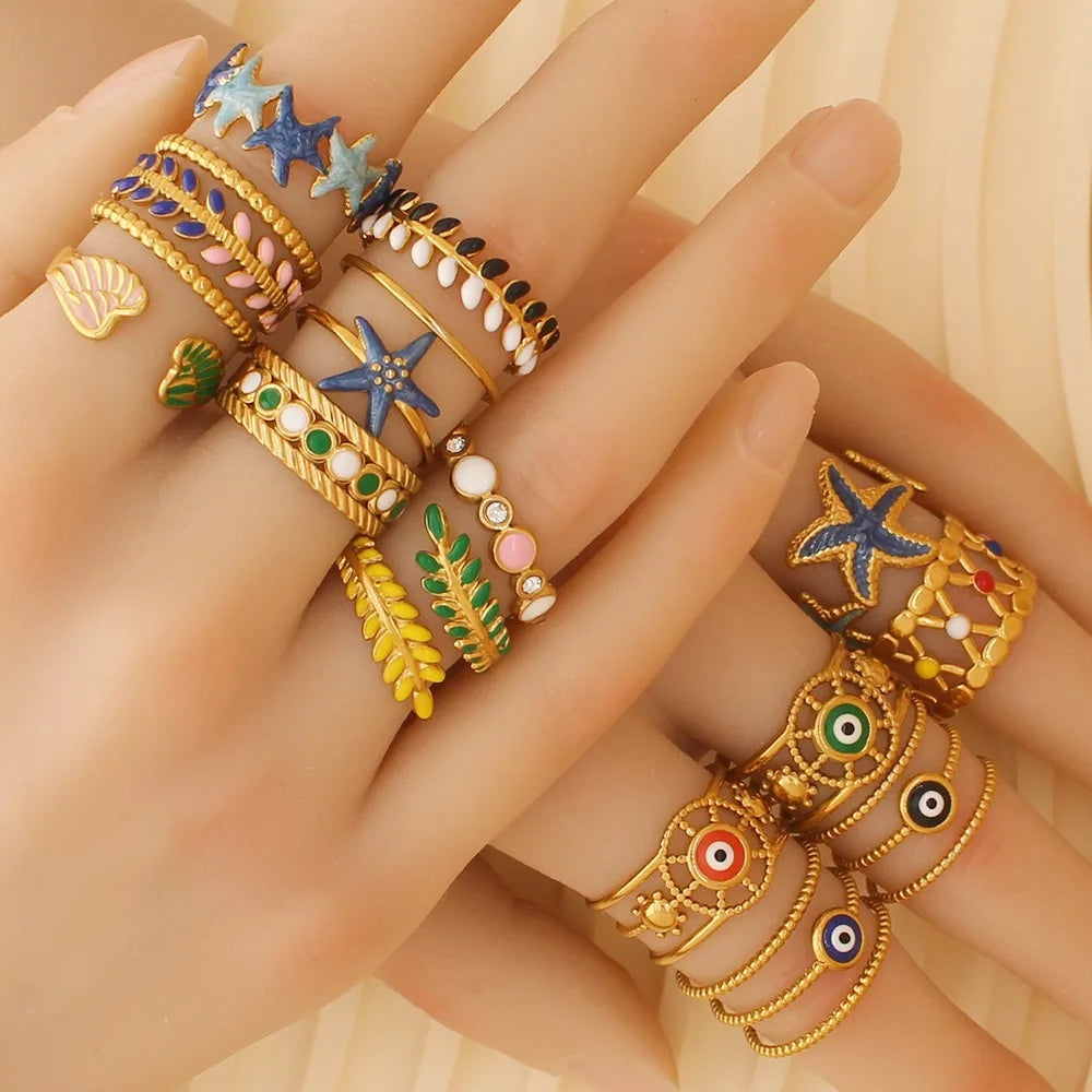 Trendy Ocean Jewelry Wholesale Fashion Adjustable Stainless Steel Ring Cute Enamel Starfish Shell Gold Plated Ring for Women