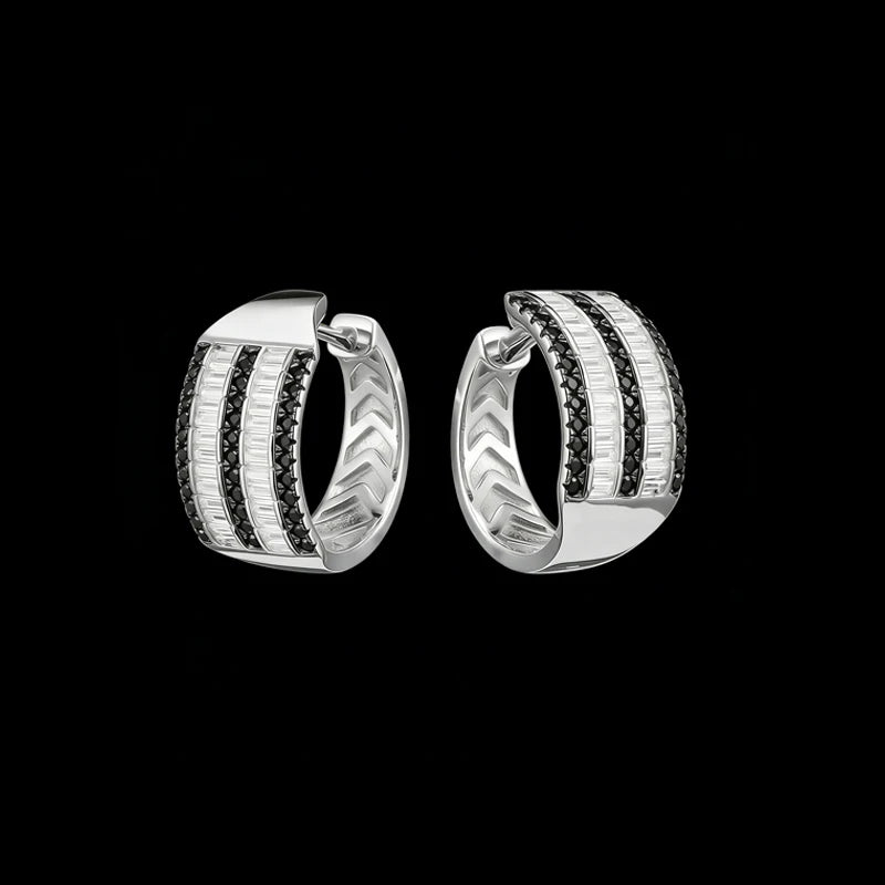 Iced Out Black & White Alternating CZ Paved Huggie Earrings Brass Hoop Earrings for Wholesale