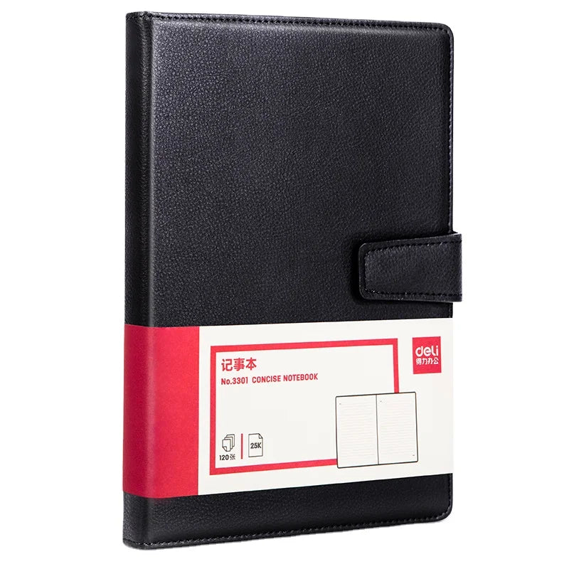 Deli 3301 Black Leather Cover Notebook 25K 120sheets Notepad Minute Book of Business Meeting for Gifts 72pcs Per Carton Set