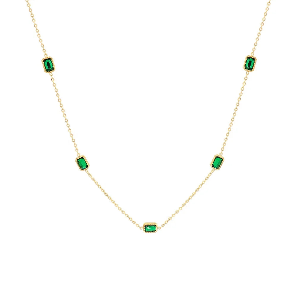 18K Gold Plated Square Clavicle Emerald Zircon Geometric Stainless Steel Necklace Trendy Women's Fashion Chains