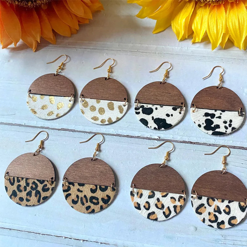 Vintage Leather Horse Hair Earrings Wood Leopard Cow Print Stitching Pendant Bohemian Earrings for Women