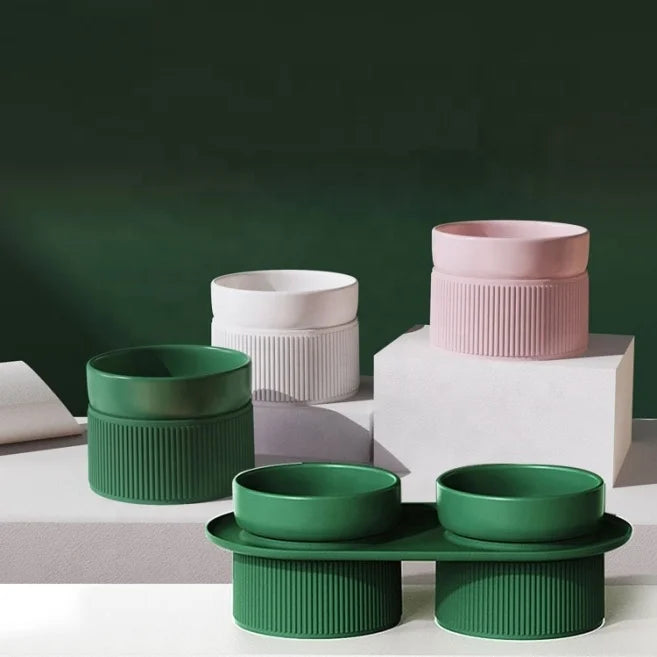 Wholesale Custom Logo Pottery Enamel Anti Spill Elevated Double Food Water Drinking Pet Dog Cat Ceramic Bowl