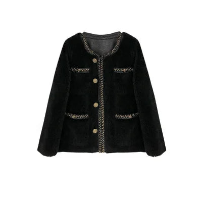 Guangzhou Auyan Woman Plush Coat of Black Pelt Lamb Wool Coat