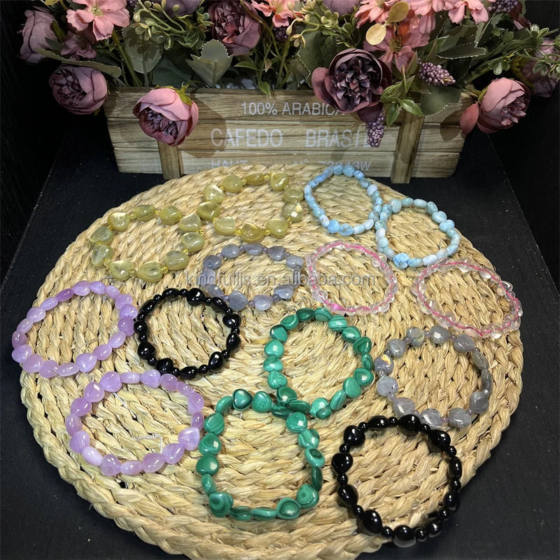 Gold Mica Malachite Bracelet Natural Healing Stone Rose Quartz Kunzite Heart Shaped Bracelet for Healing