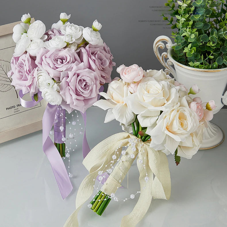 Silk Floral Artificial Rose Flowers Bouquets for Party Wedding Decoration Wedding Bouquet for Bride with Pearl