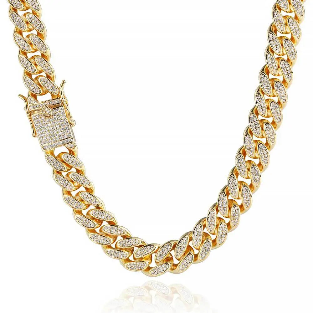 Luxury 12mm Cubic Zirconia CZ Iced out Miami Flat Cut Curb Link Cuban Chain Necklace Geometric-shaped for Anniversary or Gift