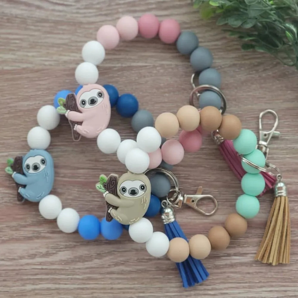 Cute Sloth Beads Bracelet Solid Color Animal Silicone Beads Wristlet Keychain for Women