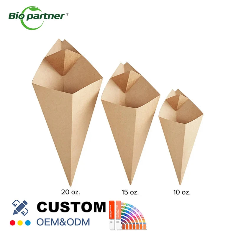 Reusable Fast Food Container Kraft French Fry Cups Potato Chip Scoop Pizza Cone Holder with Sauce for Snacks