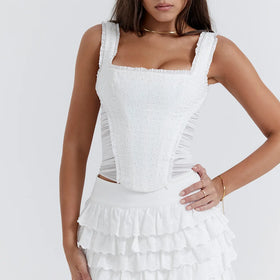 Summer White Broderie Anglaise Camis Top Low Back Design Women Clothes Ruffles Elegant Square Collar Crop Tops