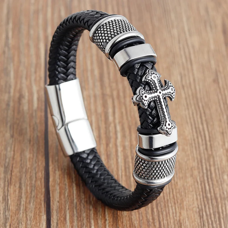 New Fashion Men Jewelry Bracelet Handmade Stainless Steel Cross Charm Magnet Clasp Genuine Leather Bracelet Men