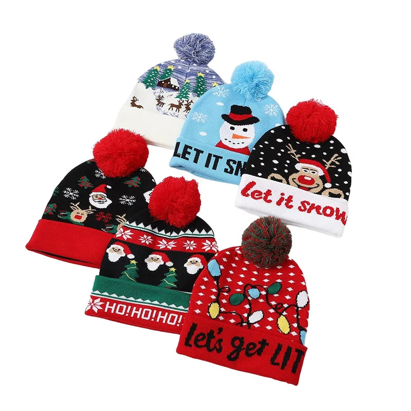 Custom Logo Autumn Winter Warm Christmas Embroidery Letter Jacquard Knitted Hats With Balls for Men and Women
