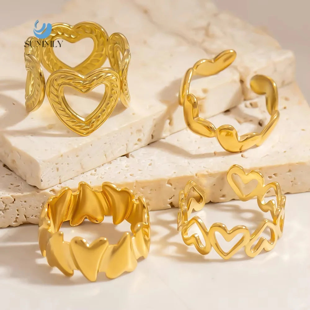 SUMMLY Vintage Wholesale Trendy Heart Shaped 18K Gold Plated Stainless Steel Open Ring Fashion Jewelry