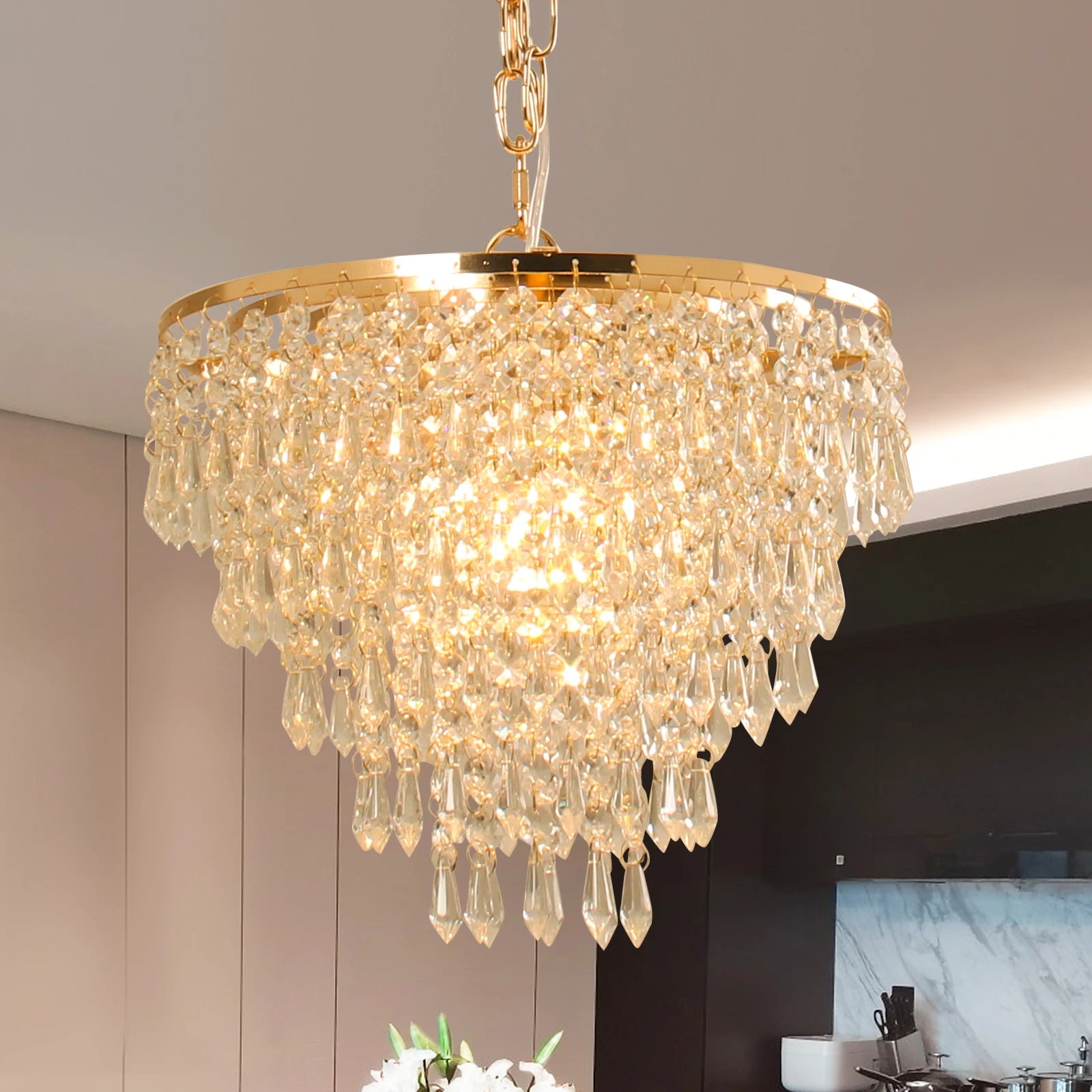 11.8-Inch Modern Luxury K9 Crystal Pendant Light with Five Layers and LED Bulb for Living Room Dining Room Bedroom