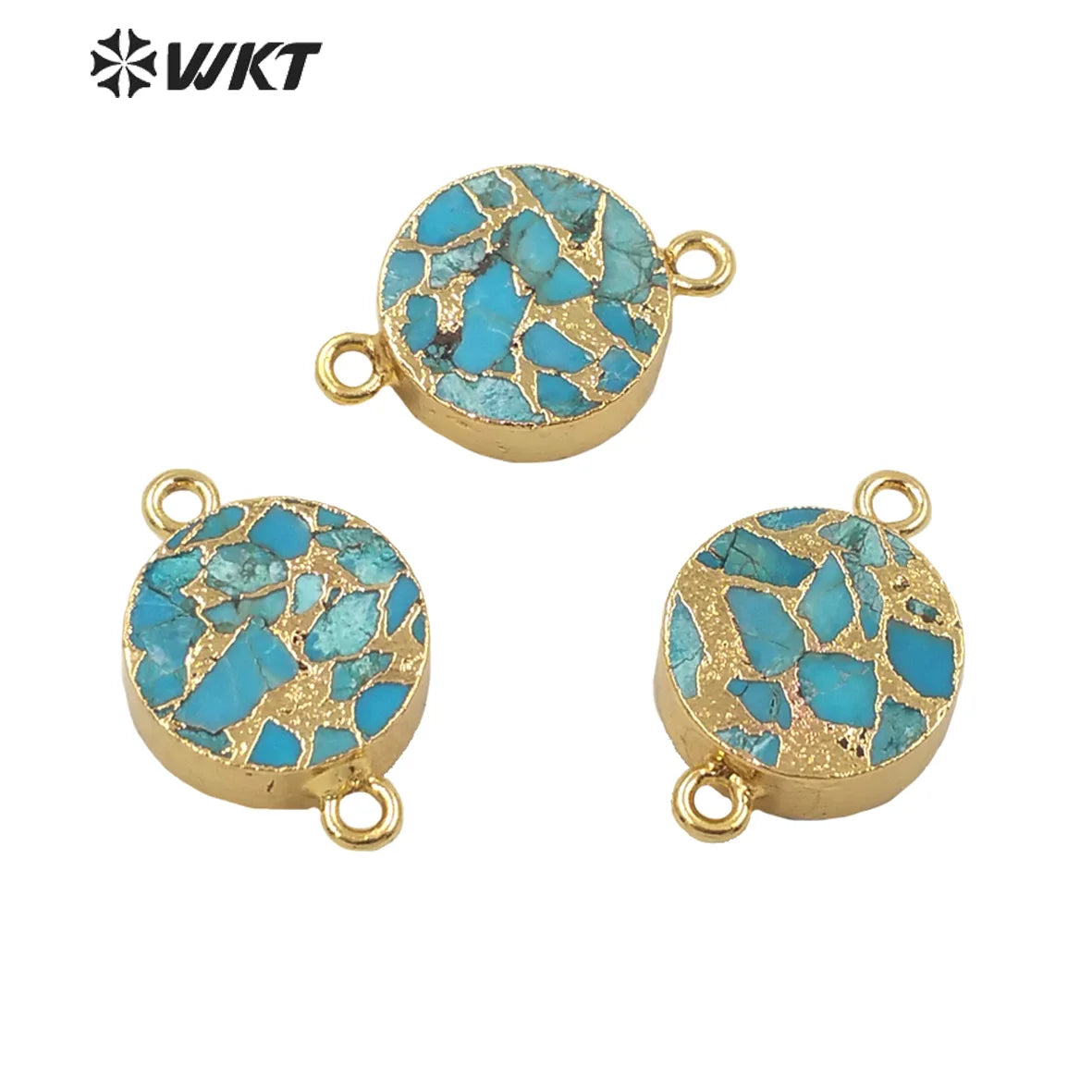 WT-C300 WKT Newest Natural Copper Turquoise Stone Connectors for Jewelry Bracelet and Necklace Double Loops Round Stone Pendant