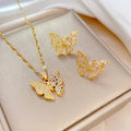 Fine Jewelry Set Micro Inlaid Cubic Zirconia Butterfly Stud Earrings Stainless Steel Link Chain Butterfly Necklace