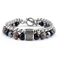 Trendy Steel Figaro Double Layer Link Healing Jade Buddha Box Chain Adjustable Bracelet