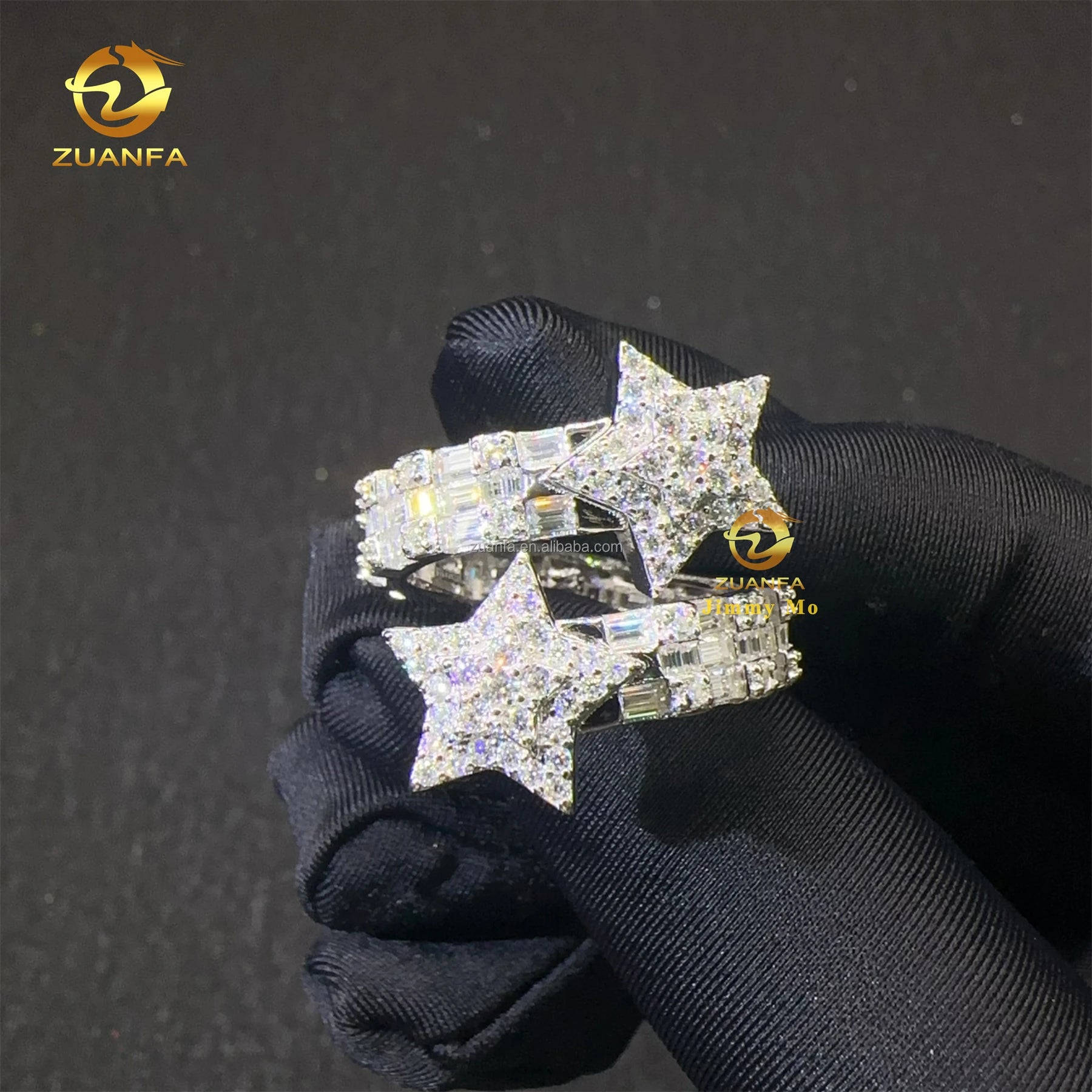 Drop Shipping Retail Price 925 Silver Elegant Style Hip Hop Women Female Moissanite Diamond Baguette Band Engagement Star Ring