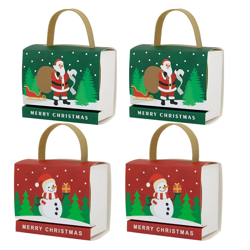 Merry Christmas Small Candy Treat Paper Boxes With Handle Party Favor Gift Cookie Goodie Wrapping Paper Boxes for Xmas Holiday