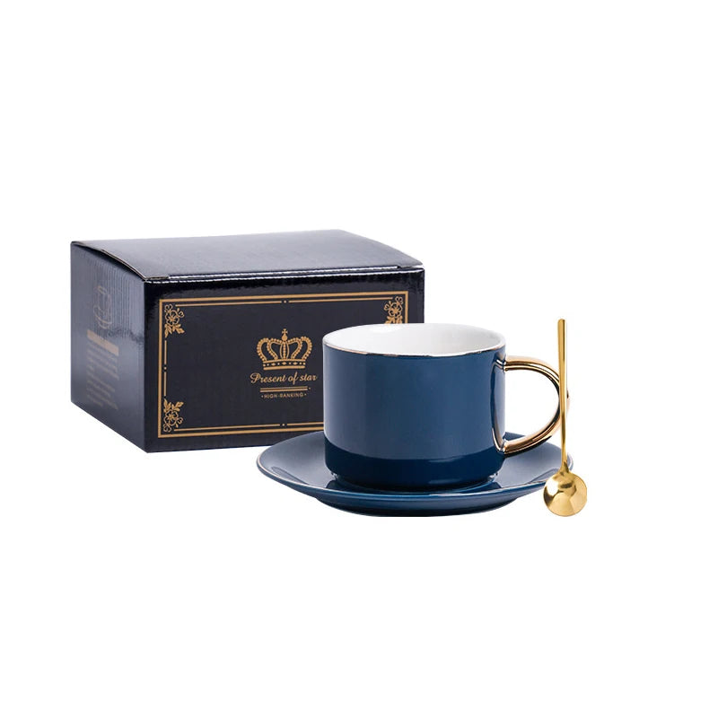 Luxury European Ceramic Coffee and Tea Cups and Saucer Set with Gold Handle for Gifts and Occasions