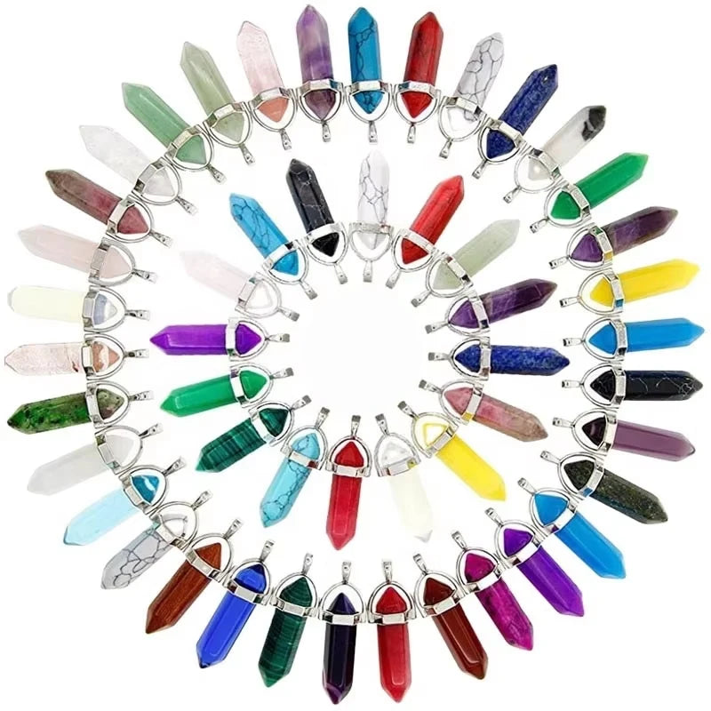 Natural Stone Quartz Hexagonal Agate Bullet Pendulum Crystal Amethyst Pendant Necklace for Women and Men Stainless Steel Chain