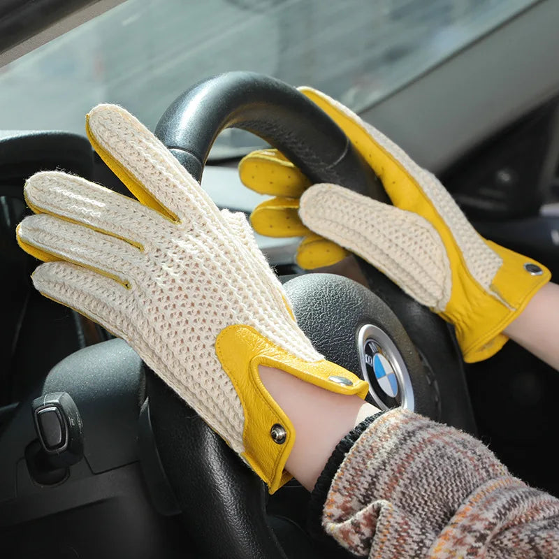 Men Gloves Sheepskin Leather Motorcycle Driver Vintage Driving Woven Knitted Mesh Fashion Gloves for Women