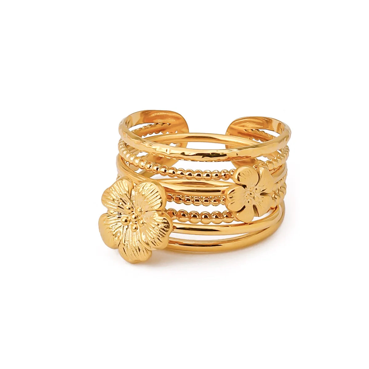New INS Women's Classic Style Stainless Steel Opening Ring 18K Gold Plated Flower Ring Three-Layer Gift Rings
