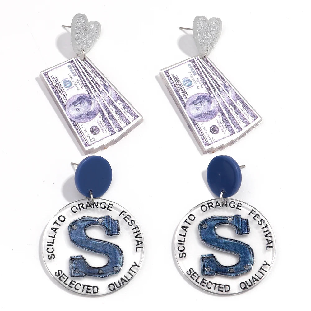 Manufacturers Directly Sale Exaggerated Geometric Stitching Letter Shape US Dollar Printing Acrylic Fashion Earrings for Women
