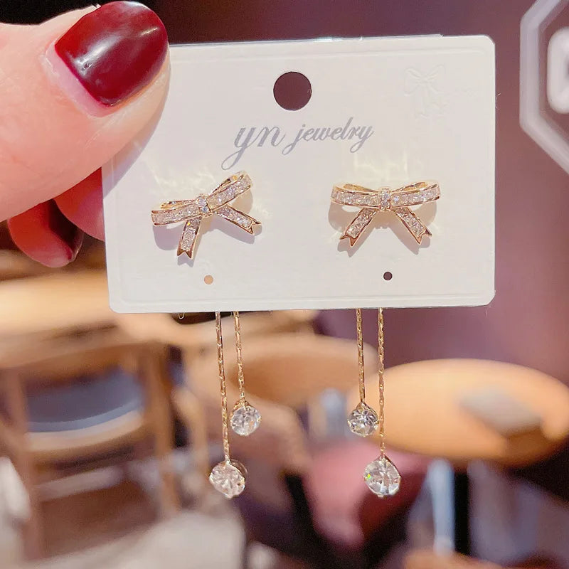 Fashion Bow Tassel Rhinestone Long Earrings Exaggerated Women Party Jewelry Butterfly Earrings Long Chain Tassel Drop Earring