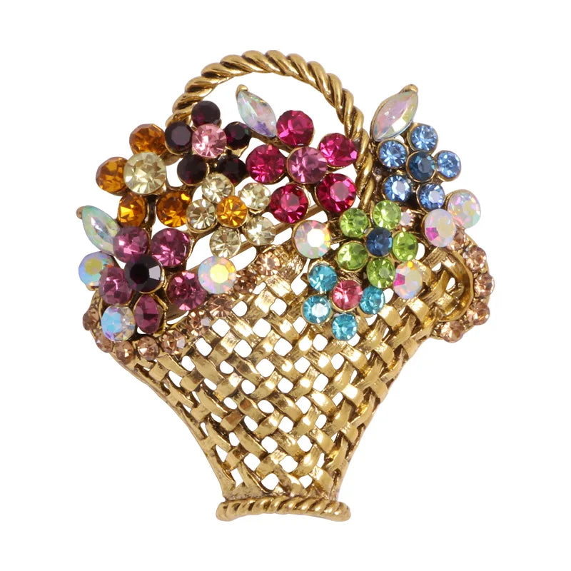 Rhinestone Flower Basket Brooch Vintage Colorful Brooches for Women Autumn Design Fashion Jewelry Coat Accessories