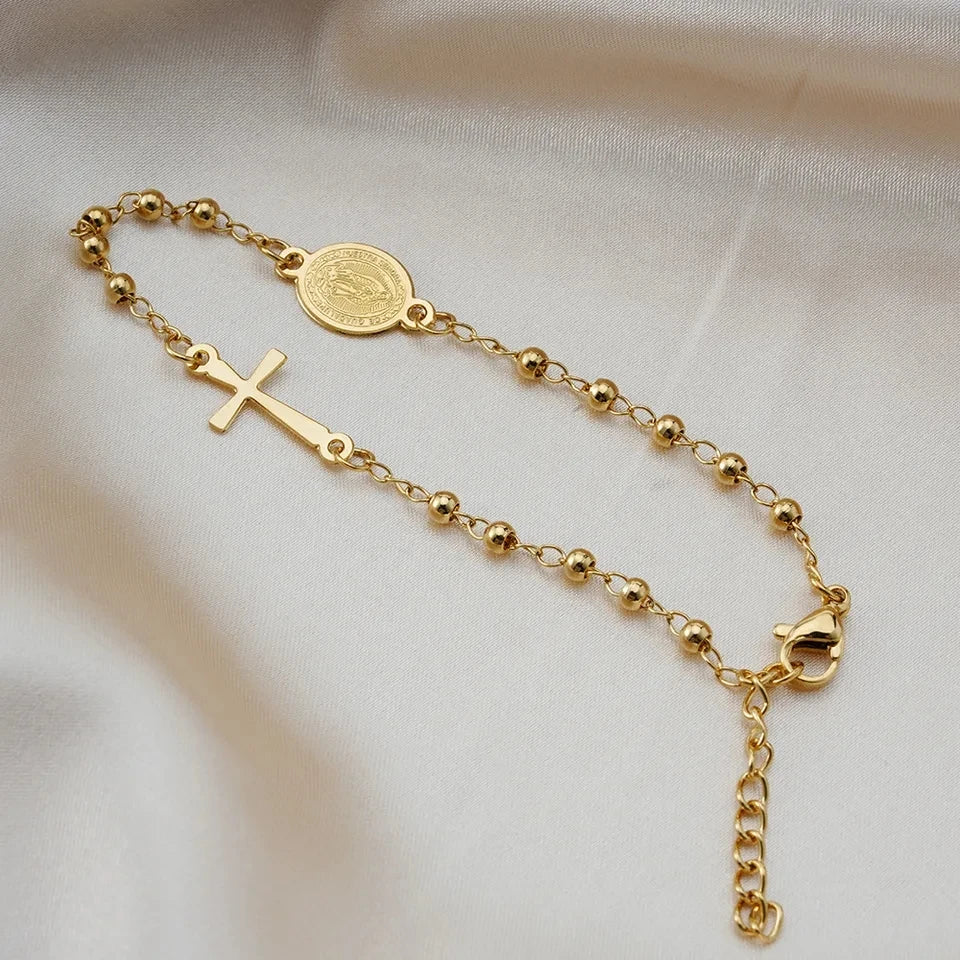 18K Gold Plated Stainless Steel Lady of Guadalupe and Cross Rosary Bracelet 3mm Bead Link Chain Bracelet for Women Teen Girls