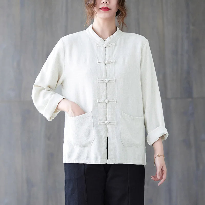 M-2XL Summer New Cotton and Hemp Chinese Standing Collar Button Tang Suit Top Tai Chi Suit Zen Suit Tea Shirt