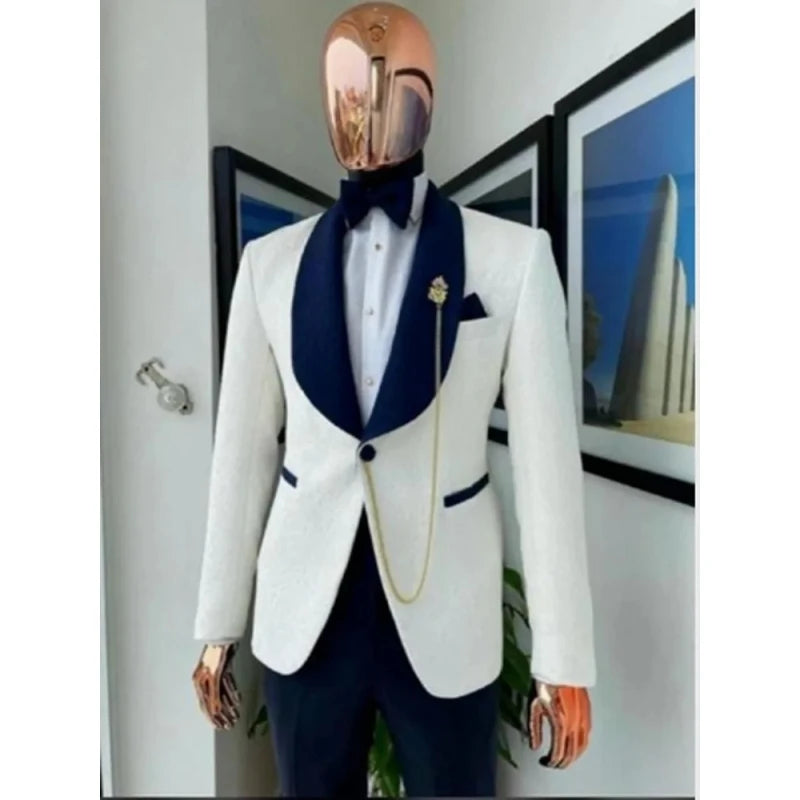 Real Photo Ivory Paisley Groom Tuxedos Shawl Collar Men Party Business Suits Prom Blazer Dress Customized Men Suits