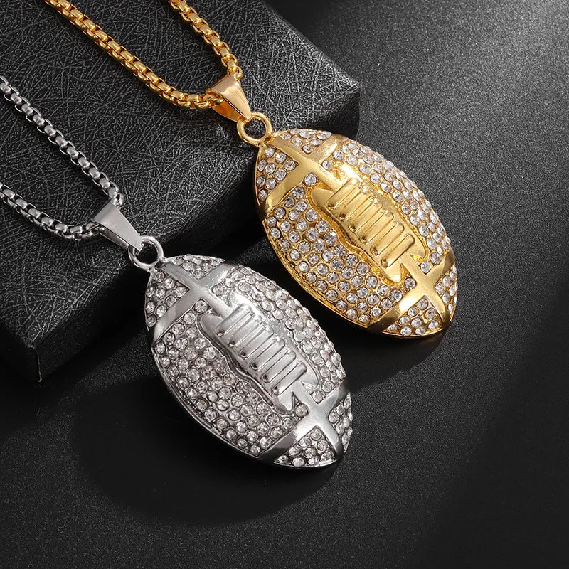 Stylish Iced Out Rugby Football Shaped Pendant Necklace Trendy Alloy Gold Plating Good Fortune Men's Jewelry